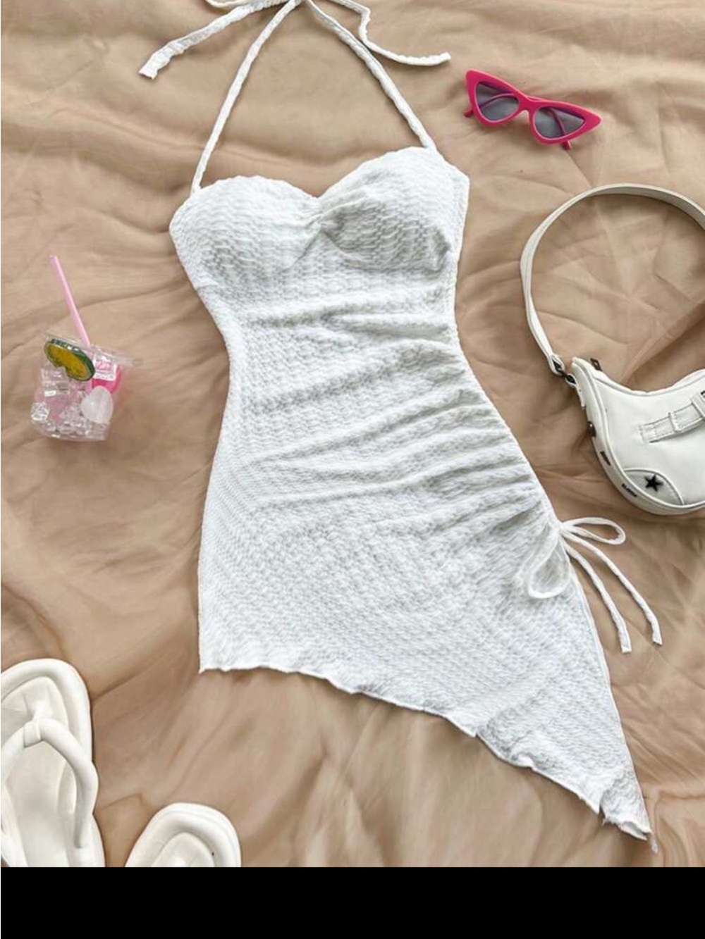 White Halter Neck Textured Asymmetrical Mini Dress Drawstring Ruched